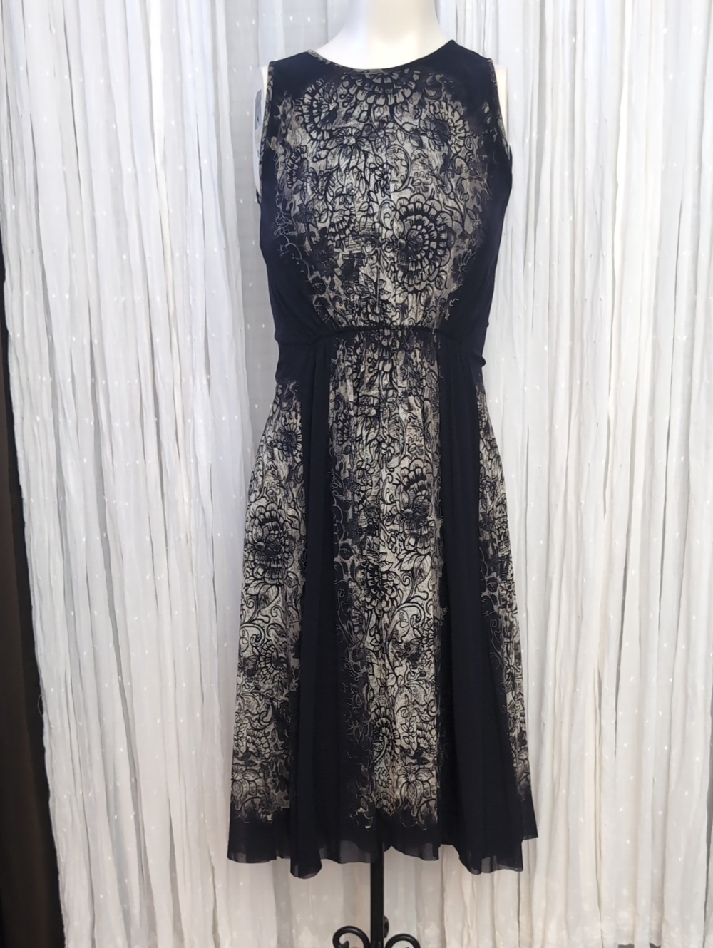 Fuzzi Made in Italy Black Floral Mesh Burnout Layered Asymmetrical Dress S